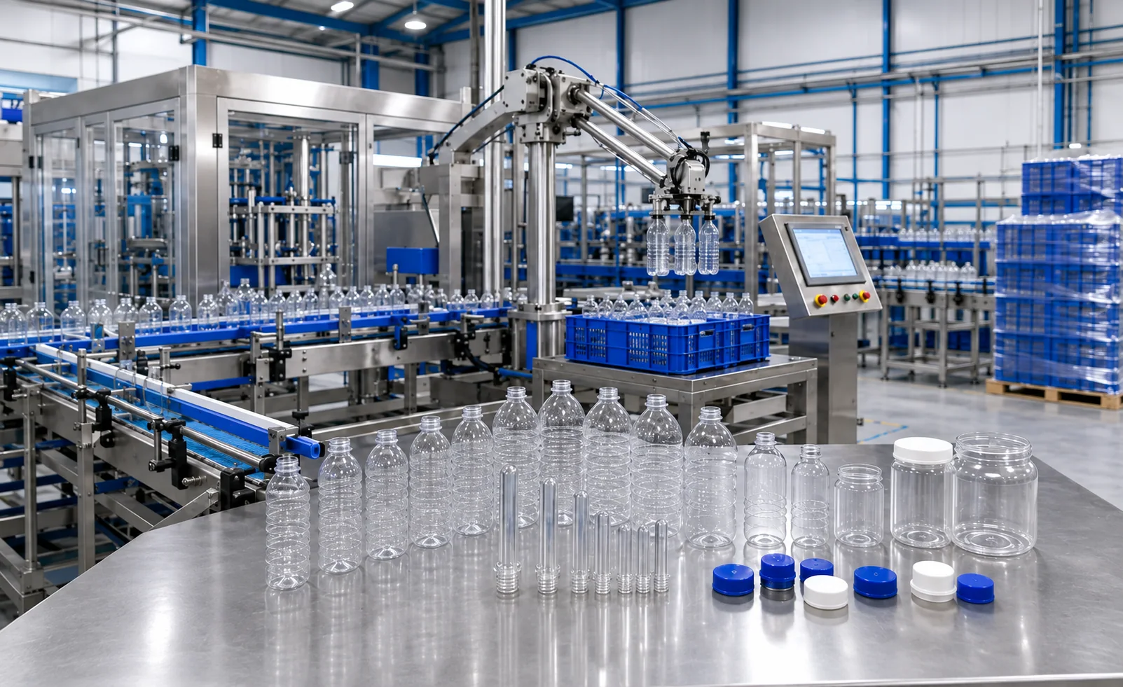 Production operator supervising automated packaging equipment