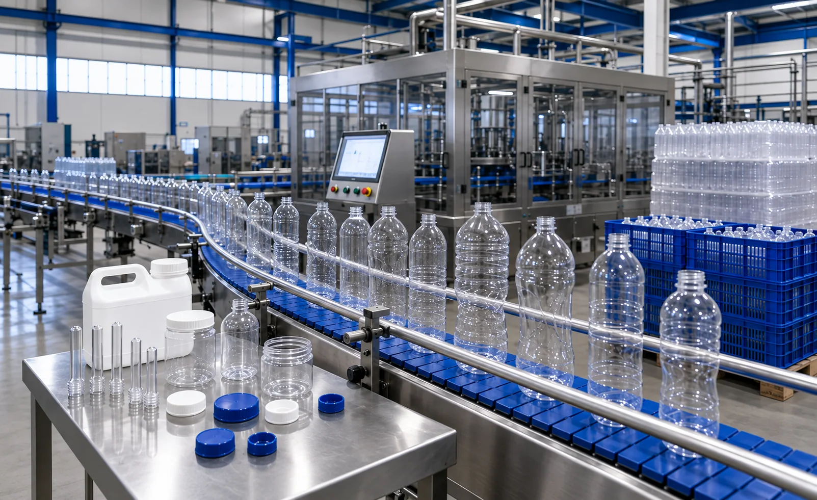 Production machinery with finished plastic packaging in the foreground
